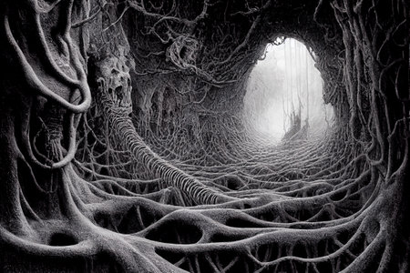 Mysterious black and white image of tree roots with a tunnel in the centerの素材