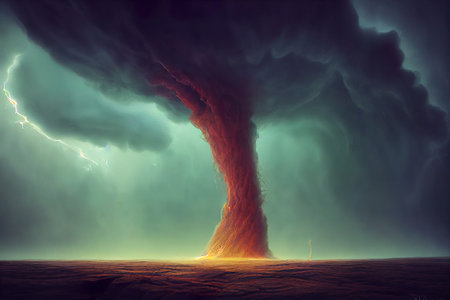 Fantasy landscape with tornado in the sky. 3D illustrations.の素材