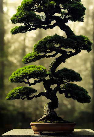 Japanese bonsai tree in full bloom in a dark forest.の素材