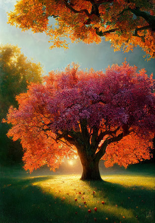 Beautiful autumn landscape with big tree and sunbeams at sunsetの素材