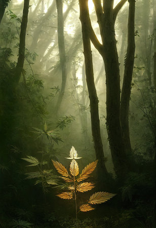 Cannabis leaf in a foggy forest, with light effectsの素材