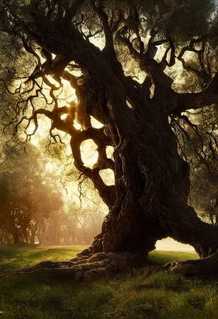 Tree in the foggy forest with sun rays coming through the treesの素材