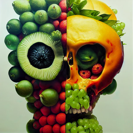 Funny face made of fruit and vegetables. Halloween holiday concept.の素材