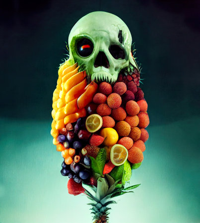 Funny skull made of fruits and vegetables on a dark background.の素材