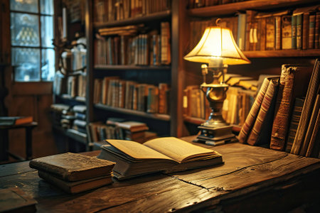 an old book spread out on a wooden desk, a lamp turned on, a shelf with old books in the background, a libraryの素材