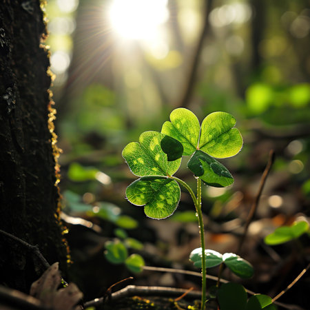 clover growing in the forest, the sun can be seen in the backgroundの素材