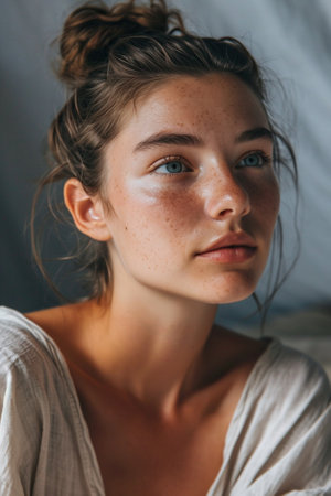 Portrait of a beautiful young woman with freckles on her faceの素材