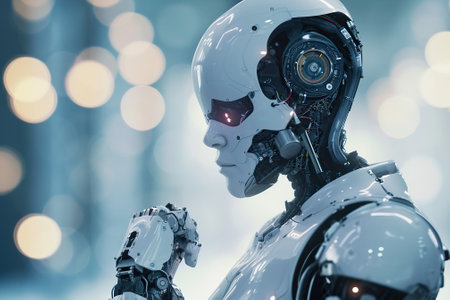 3d rendering humanoid robot working in the future with bokeh backgroundの素材