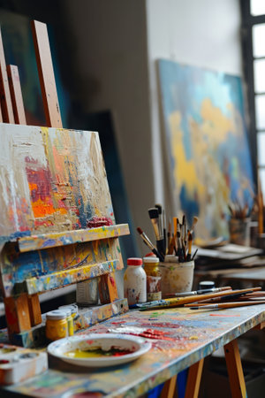 Paint brushes and palette on the table in the artist's studioの素材