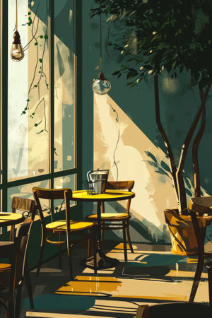Interior of a cafe with yellow tables and chairs. 3D renderingの素材