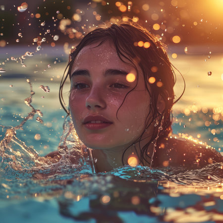 Portrait of a beautiful young woman in the swimming pool at sunsetの素材