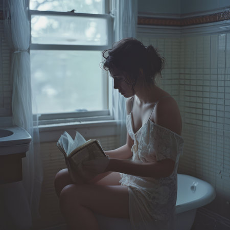 Young woman sitting in bathtub and reading a book in the morningの素材