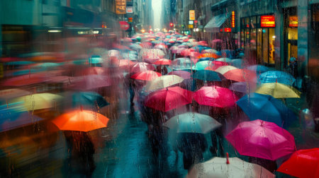 Rainy day in the city. People with umbrellas in the rainの素材
