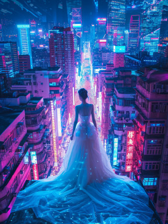 The bride in a white wedding dress on the background of the night cityの素材