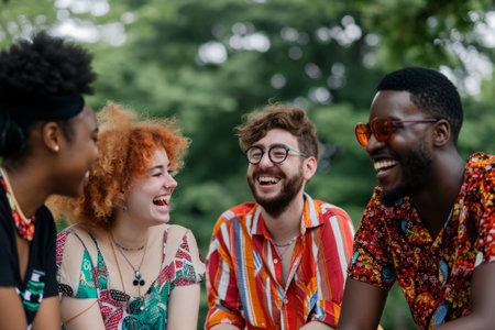 Group of diverse friends having fun together in the park. Friendship concept.の素材