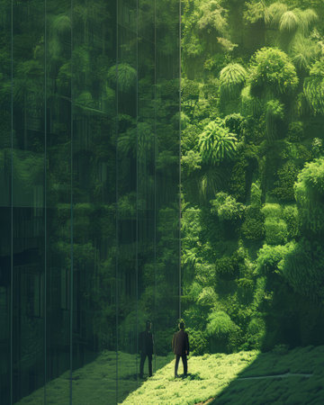 Businessman standing in front of a glass wall with green plants and trees.の素材