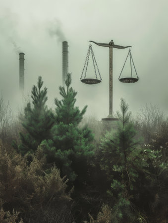 Scales of justice in a foggy forest. Toned.の素材