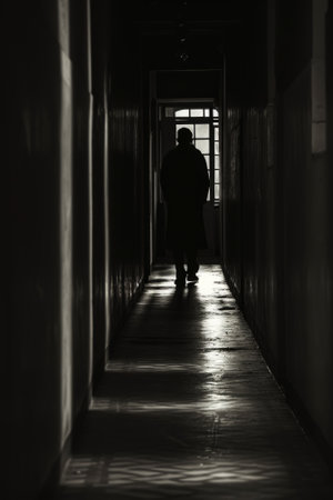 silhouette of a man in a dark corridor with a doorの素材