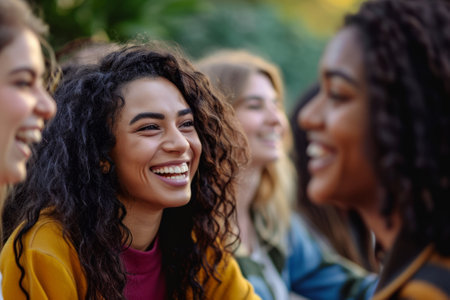 Portrait of a group of friends laughing and looking at the cameraの素材