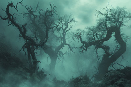 Halloween background with scary old tree in misty forest. 3d renderingの素材
