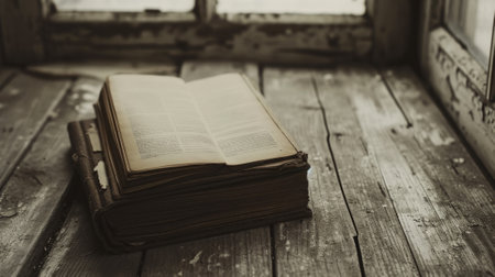 Old book on a wooden table. Vintage background. Selective focus.の素材