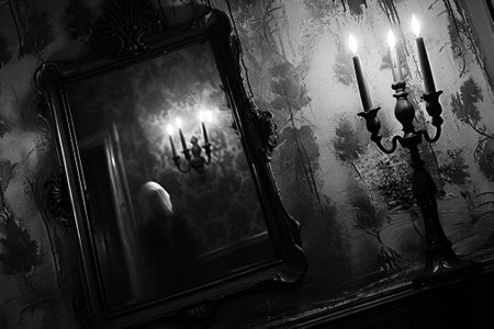 Candlestick and mirror on the wall. Black and white photo.の素材