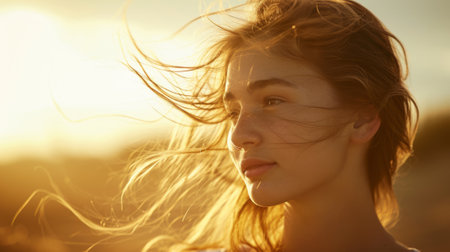 Portrait of a beautiful young woman with wind in her hair.の素材