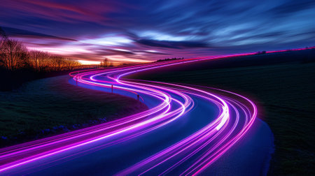 Night road lights. Lights of moving cars at night. long exposure photoの素材