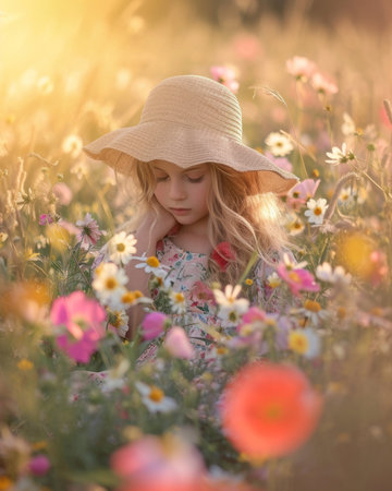 Adorable little girl in a field of daisies at sunsetの素材