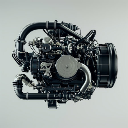 3d rendering of a car engine on a gray background with shadowの素材