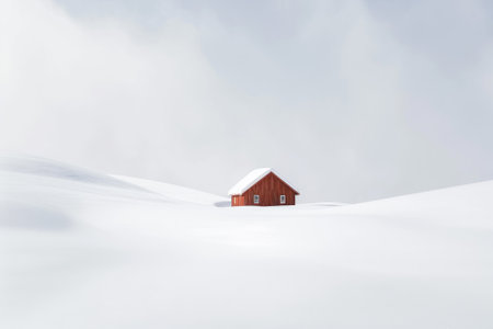 Small red house in the snowy mountains. Winter landscape with snow.の素材