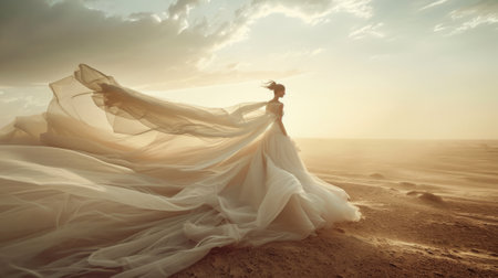 Beautiful bride in white wedding dress posing in the desert. Bride in the desert.の素材