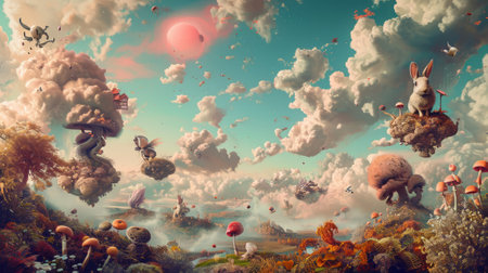 A surreal landscape featuring hares engaged in absurd activities painting the sky pinkの素材