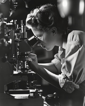 Female scientist looking through microscope in laboratory. Black and white photo.の素材