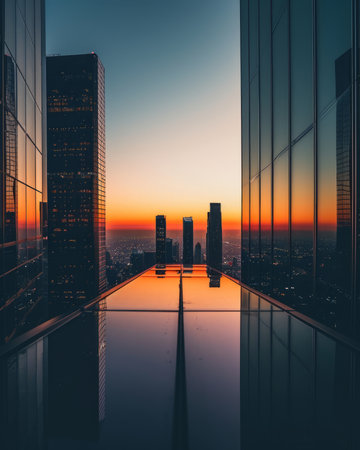 Cityscape of modern skyscrapers at sunset, Bangkok, Thailandの素材