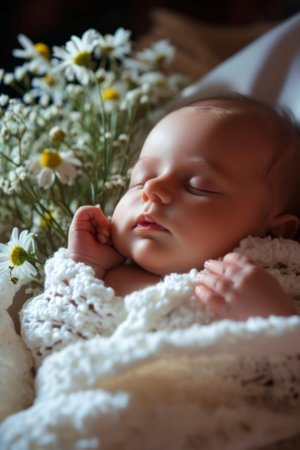 Cute newborn baby sleeping on the bed with daisies.の素材