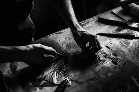 Black and white photo of a male jeweler working in his workshopの素材