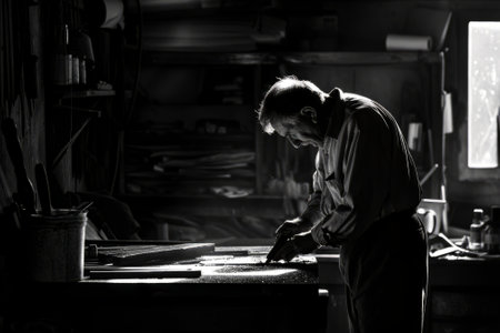 A black and white shot of a craftsman working in his workshopの素材