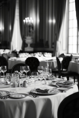 Beautiful table setting for fine dining. Black and white photo.の素材