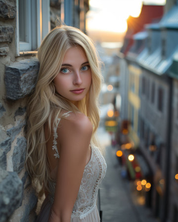 Portrait of a beautiful blonde girl in a white dress on the background of the city.の素材