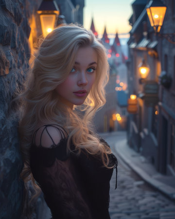 Beautiful young blonde woman with long curly hair in a black dress in the old city at nightの素材