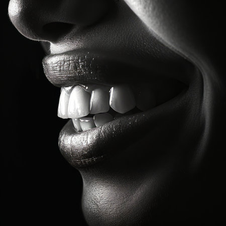 Close-up of beautiful female lips with perfect white teeth. Studio shot.の素材