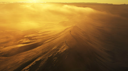 Hiker on the top of the mountain at sunset. Beautiful winter landscape.の素材