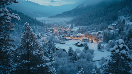 Village in Carpathian mountains at winter time, Ukraine.の素材