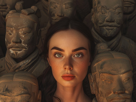 Portrait of a beautiful girl with black hair in a dark room with ancient statuesの素材