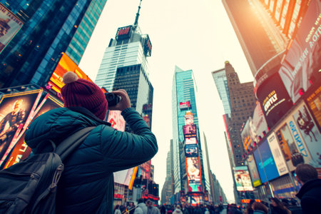Man photographing Times Square in New York Cityの素材