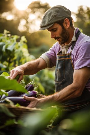 Farmer picking eggplants from the field on a sunny dayの素材