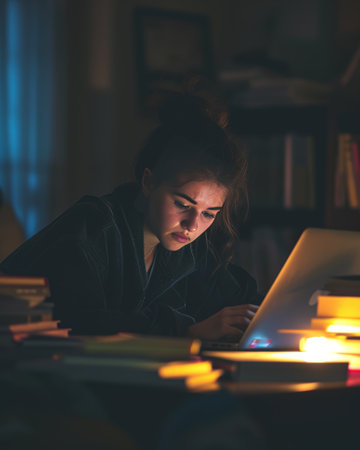 Young woman working late at night at home with a laptop computer and books.の素材