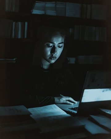 Young woman sitting at the desk with a laptop in a dark roomの素材
