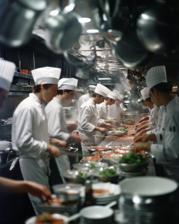 Chef preparing food in a commercial kitchen, chef decorating foodの素材